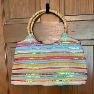 Striped Sequin Summer Purse with Bamboo Handles